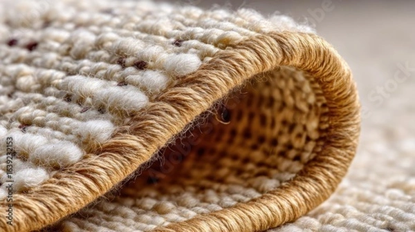 Fototapeta Ripped carpet and linen section concept. Close-up of a soft, woven carpet showcasing its intricate texture.