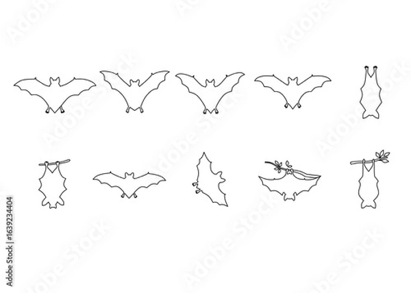 Obraz Halloween bats vector set  line art. Spooky flying bat swarm for horror decor. Gothic vampire animal illustration. Black night creature outline icons.
