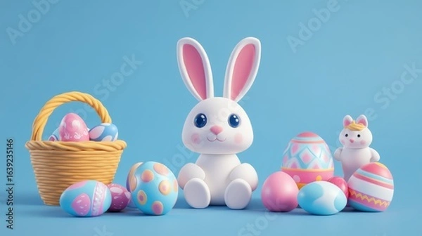 Fototapeta 2.Whimsical Easter icon collection with sculpted 3D elements, including pastel eggs, decorative baskets, and cute rabbits, vibrant holiday celebration theme