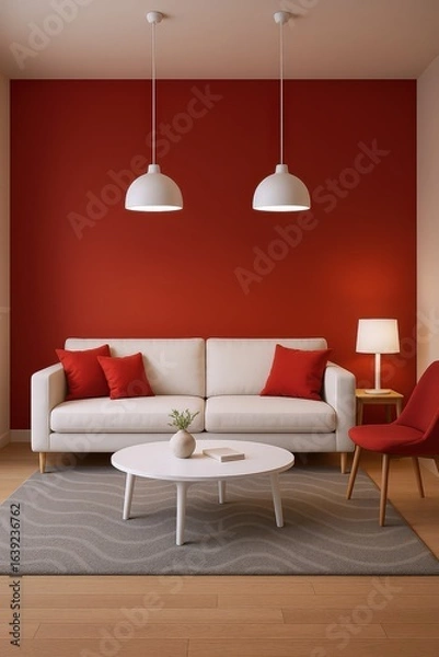 Fototapeta Modern Living Room with Cream Sofa, Red Accents, and Contemporary Pendant Lights Creating a Warm Ambiance