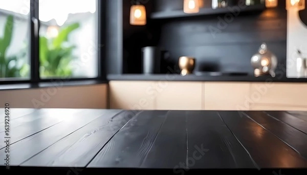 Fototapeta Empty Wooden table top with blurred background of minimalist kitchen bench.