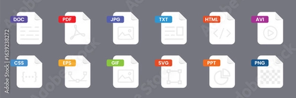 Obraz Set of files format and document icon collection. Audio, video, image, system, archive, code and document file symbol.
