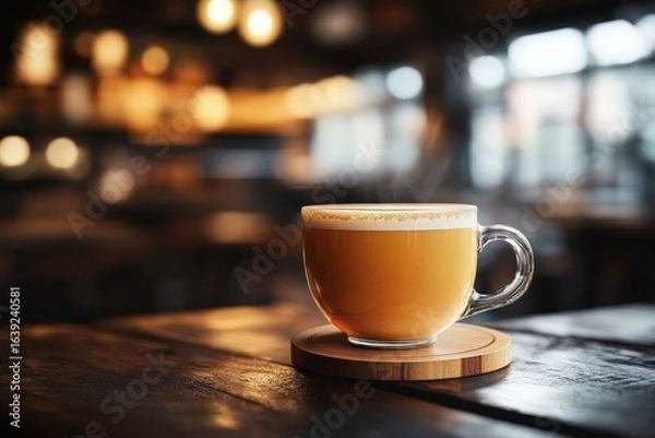 Obraz A warm beverage sits on a wooden table in a cafe.
