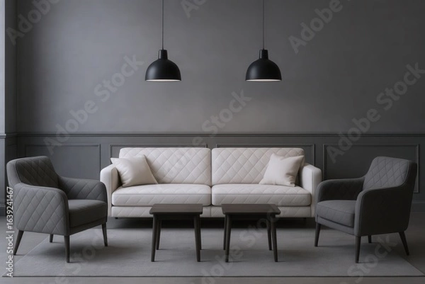 Fototapeta Elegant Living Room Arrangement Featuring a Quilted Sofa, Armchairs, and Pendant Lights with a Sophisticated Gray Palette