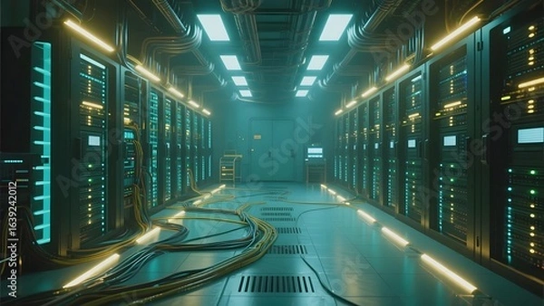 Obraz Modern Data Center with Illuminated Server Racks and Cables
