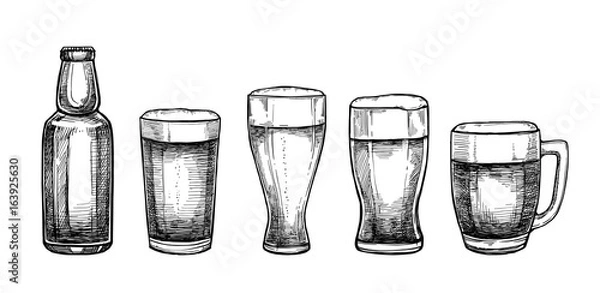 Fototapeta Hand drawn vector illustrations - beer glasses and mugs. Octoberfest or beer fest. Design elements in engraving style. Perfect for invitations, greeting cards, posters, prints