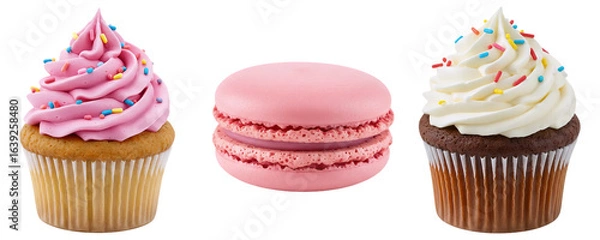 Fototapeta A delicious dessert set with two cupcakes and a pink macaron. This sweet and elegant collection is perfect for a patisserie, party, or celebration theme.