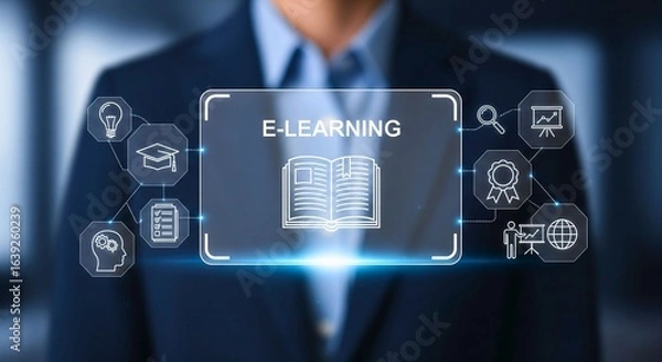 Fototapeta E-Learning Opportunity: A well-dressed individual presents an engaging E-learning concept, surrounded by diverse learning icons, capturing the essence of education's future.