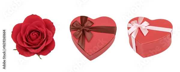 Fototapeta A romantic set with a heart made of red roses, a heart-shaped gift box, and a single red rose. This collection is a beautiful symbol of love and passion for Valentine's Day or an anniversary.