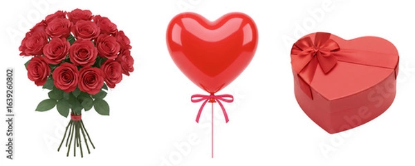 Fototapeta An assortment of romantic Valentine's Day gifts, featuring a bouquet of red roses, a heart-shaped balloon, and a heart-shaped gift box. This collection is perfect for a grand gesture of love.