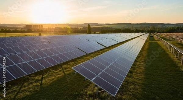 Fototapeta Solar Panel Farm: A vast field of solar panels, under a bright sun. Reflecting a commitment to renewable energy