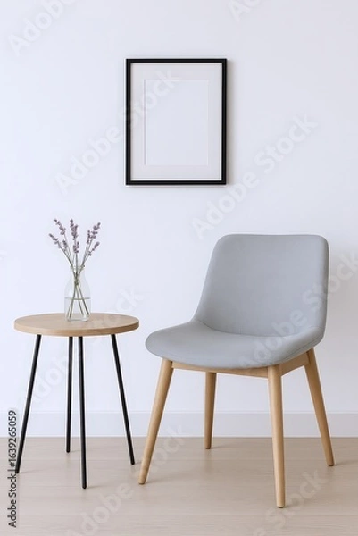 Fototapeta Minimalist Interior Scene Featuring a Light Grey Upholstered Chair and a Round Wooden Side Table with Lavender
