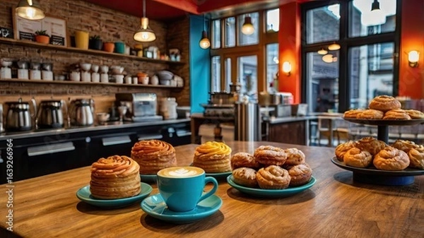 Fototapeta A coffee and pastries on a wooden table in a cafe with a view of the interior and the street outside