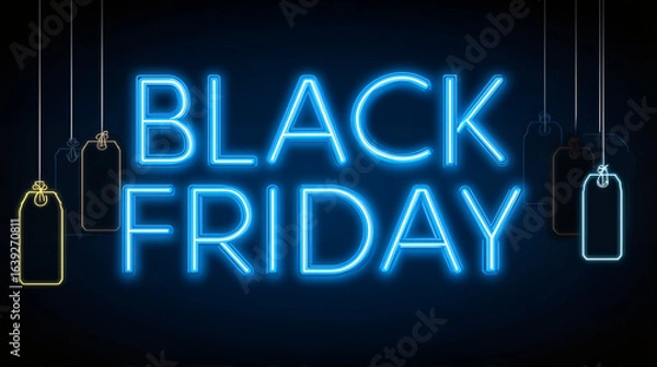 Obraz Neon “Black Friday” sign with hanging price tags on a dark background
