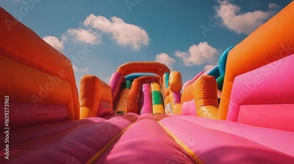 Obraz Inflatable Fun Course with Colorful Obstacles Against Blue Sky