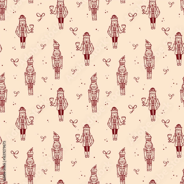Obraz Whimsical hand-drawn Christmas seamless pattern with Nutcracker. Vector pattern in red color