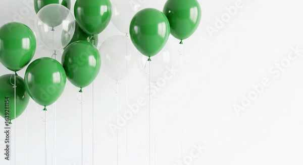 Fototapeta A group of green and clear balloons floating against a white background in a bright setting
