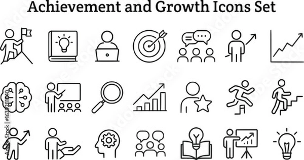Fototapeta Achievement and growth icons set in line art showing business success, teamwork, learning, and innovation, Concept of progress, leadership, and goal setting
