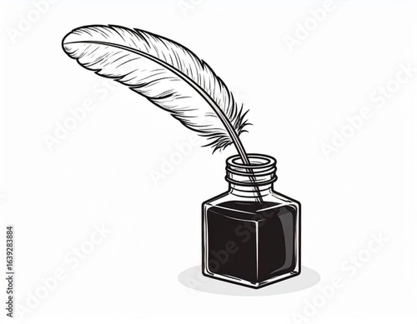 Fototapeta Antique ink bottles with cork stoppers and feather quill pen on rustic wooden table evoking classic calligraphy and vintage writing charm. Old ink vial wood desk bird feather write tool