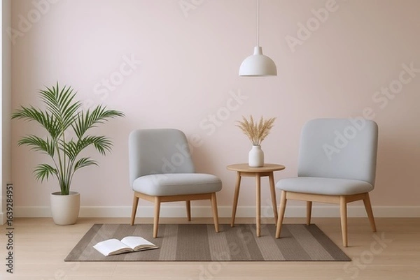 Obraz Serene Minimalist Living Room Scene Featuring Two Light Grey Upholstered Chairs and a Small Wooden Side Table
