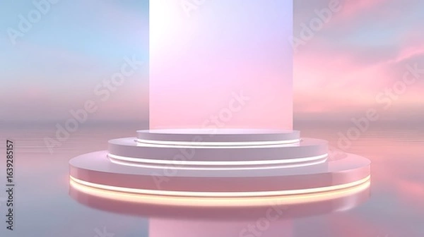 Fototapeta Futuristic illuminated stage podium on calm water with pastel sky background