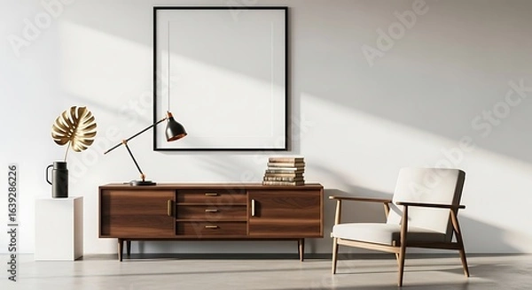Fototapeta Minimalist Interior Design with Modern Furniture Decorative Plant Lamp Books and Blank Picture Frame on the Wall