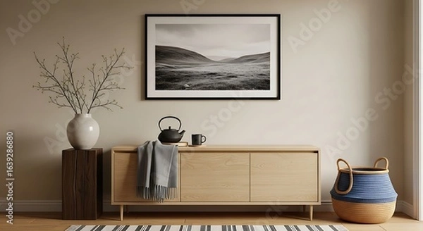 Obraz Serene Interior Design with Minimalist Aesthetic Wooden Cabinet and Landscape Photography Creating a Peaceful Atmosphere and Cozy Home Decor