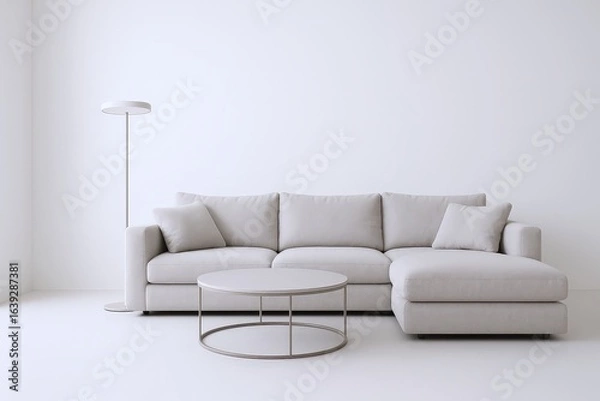 Fototapeta Modern sectional sofa and minimalist coffee table illuminated by a sleek floor lamp in a bright, airy living space.