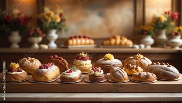 Fototapeta Luxurious bakery scene featuring fresh artisan bread and pastries on a wooden counter, soft golden light, elegant floral accents, ideal for café menu design, bakery promotions, and food branding.