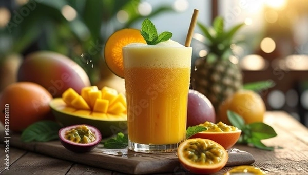Fototapeta Close-up shot of freshly blended mango-orange juice with frothy layer, bamboo straw, mint garnish, and condensation, surrounded by colorful tropical fruits, in warm natural light and rustic setting.