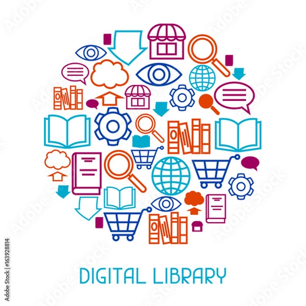 Fototapeta Digital library concept background. E-books, reading and downloading