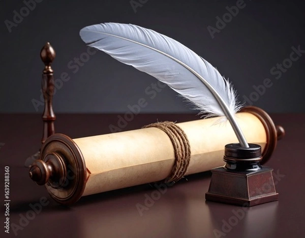 Fototapeta a black and white illustration of a scroll of paper with a quill pen resting on top of it. Old document writing tool antique paper roll for message vintage style.