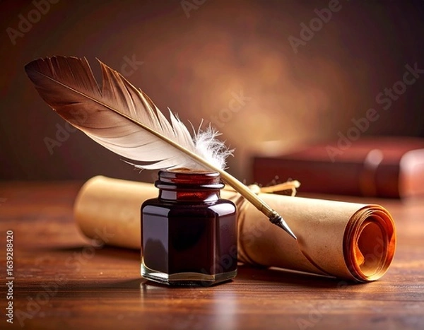 Fototapeta a black and white illustration of a scroll of paper with a quill pen resting on top of it. Old document writing tool feather pen on paper for message.
