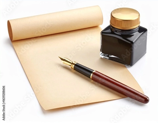 Fototapeta a black and white illustration of a scroll of paper with a quill pen resting on top of it. Old document writing tool vintage paper feather pen for letter antique style.