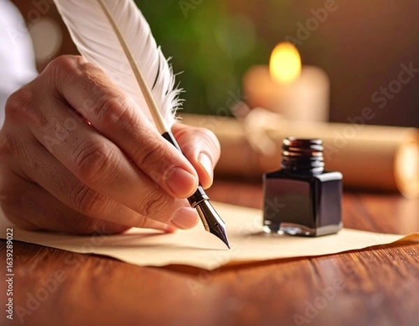 Fototapeta a black and white illustration of a scroll of paper with a quill pen resting on top of it. Old document writing tool vintage paper antique feather pen for letter.