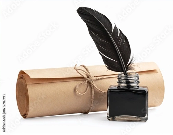 Fototapeta a black and white illustration of a scroll of paper with a quill pen resting on top of it. Vintage document writing tool antique paper roll graphic old style letter quill.