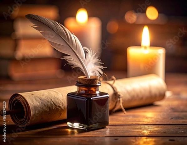 Fototapeta Antique ink bottles with cork stoppers and feather quill pen on rustic wooden table evoking classic calligraphy and vintage writing charm. Old ink container wood desk bird feather write