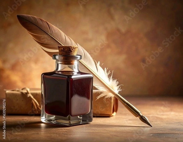 Fototapeta Antique ink bottles with cork stoppers and feather quill pen on rustic wooden table evoking classic calligraphy and vintage writing charm. Old ink container wood desk bird feather write