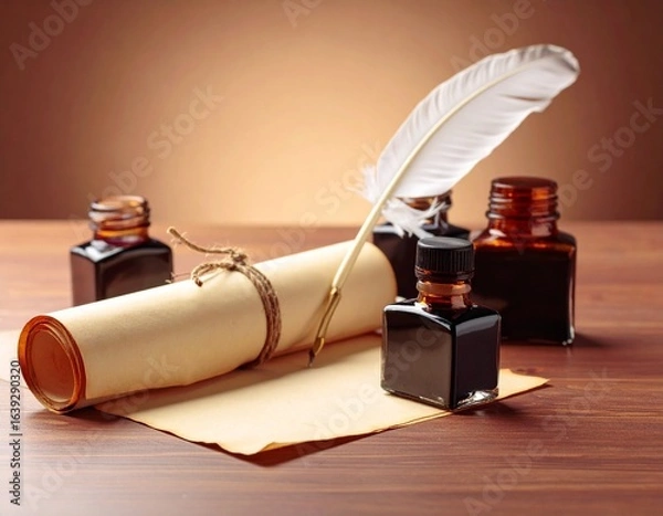 Fototapeta Antique ink bottles with cork stoppers and feather quill pen on rustic wooden table evoking classic calligraphy and vintage writing charm. Old ink vial wood desk bird feather write tool