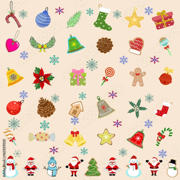 Obraz Cute Christmas Ornaments and Holiday Icons with Santa, Snowman, Bells, Gifts, Candy, Gingerbread, and Festive Winter Decorations Pattern
