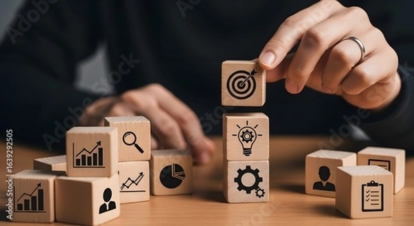 Obraz Understanding business strategy concepts: wooden blocks depicting goals, growth, and planning process