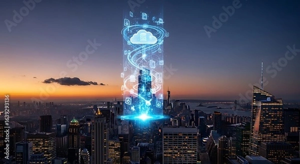 Obraz Futuristic cityscape with digital cloud data stream