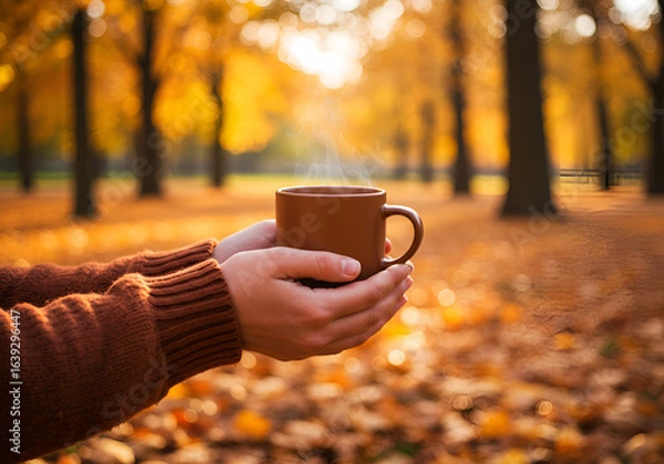 Obraz Warm Hands Wrapped Around Steaming Coffee Mug in Fall Park