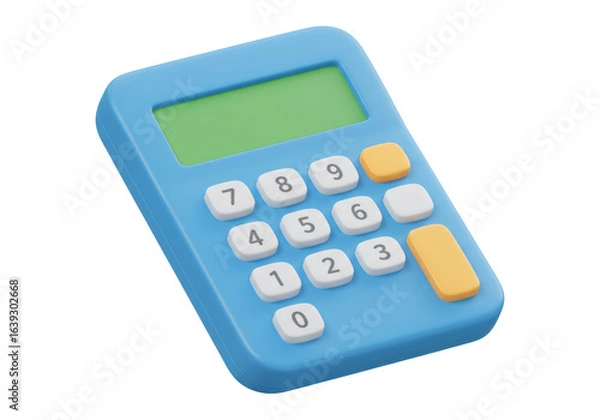 Fototapeta 明るい青色と黄色のボタンを持つ白い数値計算機が透明な背景に浮かぶ