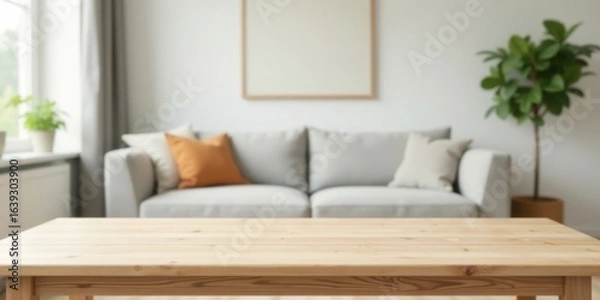 Fototapeta Light Wooden Table in a Cozy Living Room Setting with Blurred Background