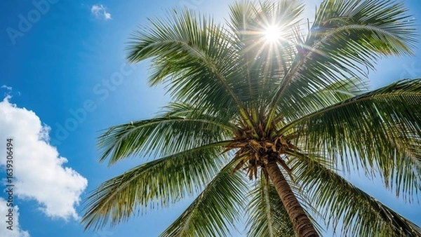 Fototapeta Sunny day with lush palm leaves in a vibrant tropical setting