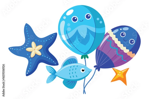Fototapeta Playful ocean themed party elements with starfish fish and balloons illustration on a white background vector design