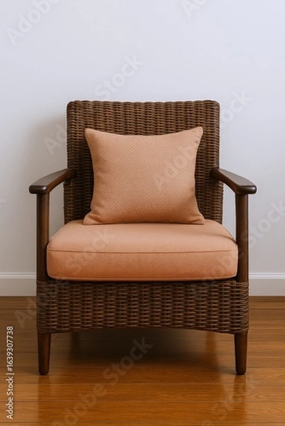 Fototapeta Comfortable Woven Armchair with Textured Peach Cushions and Natural Wood Accents on Polished Floor