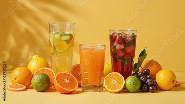 Fototapeta Laser Focus with Citrus and Mixed Fruit Juices