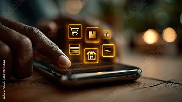 Fototapeta Hand using smartphone with golden floating shopping, payment, and delivery icons on screen Generated with AI